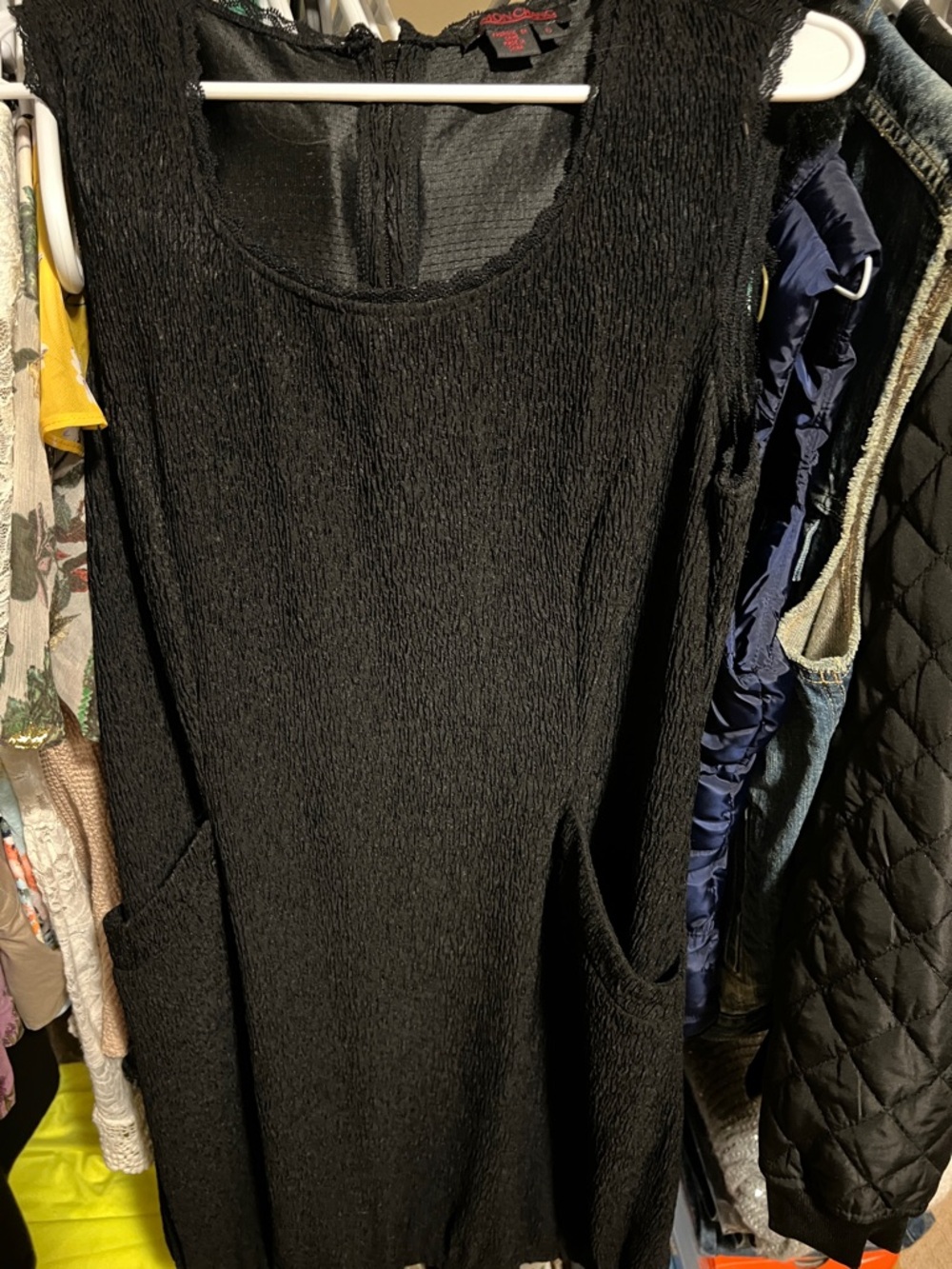 Simon Chang Black Textured Midi Shift Dress with Pockets